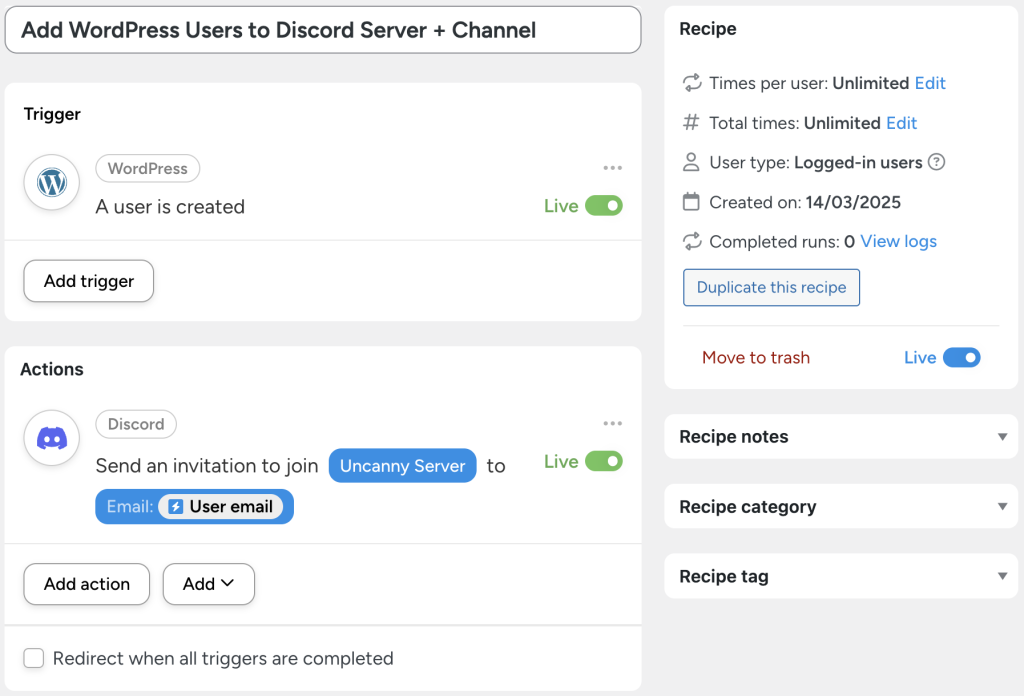 An Uncanny Automator recipe to connect Discord to WordPress, automatically sending a Discord server invitation when a new WordPress user is created.
