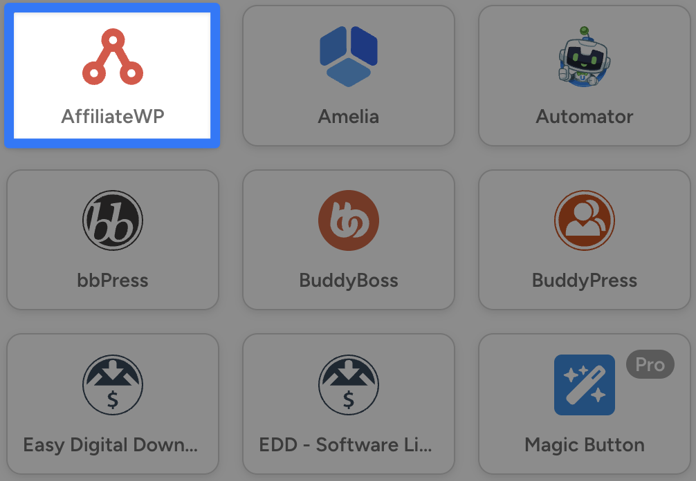affiliatewp-integration Highlighted AffiliateWP integration in Uncanny Automator, alongside other supported plugins like BuddyBoss.
