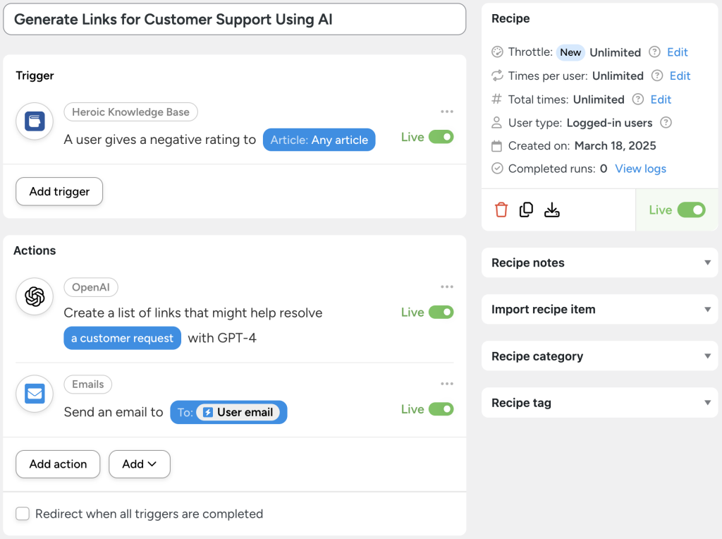 An Automator recipe showcasing a Heroic Knowledge Base automation that triggers when a user gives a negative rating to an article. It then leverages GPT-4 to generate helpful links and emails them to the user for improved customer support.