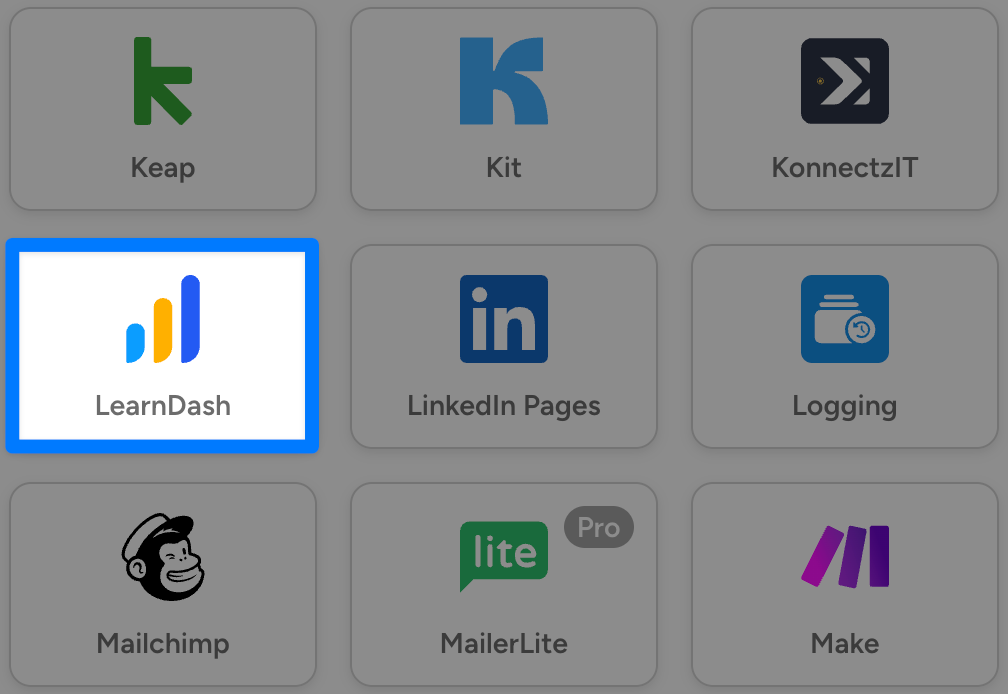 automator-learndash-integration Uncanny Automator LearnDash integration tile, highlighted amongst other integration tiles.