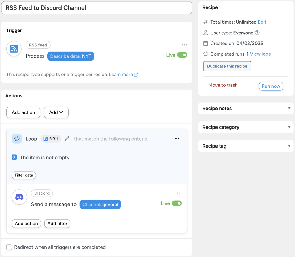 An Uncanny Automator recipe automates sending RSS feed updates from NYT to a Discord channel.