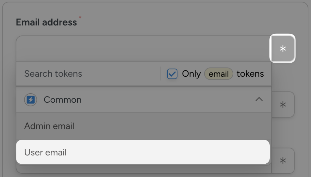 automator-user-email-token Uncanny Automator token selection interface showing "User email" as a selectable token for the email field.