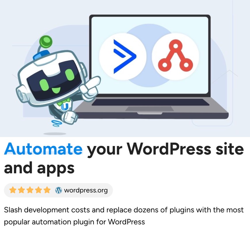 connect-activecampaign-to-affiliatewp-automator-home Automator mascot, U-Bot, pointing to a laptop connecting ActiveCampaign to AffiliateWP for seamless WordPress automation.