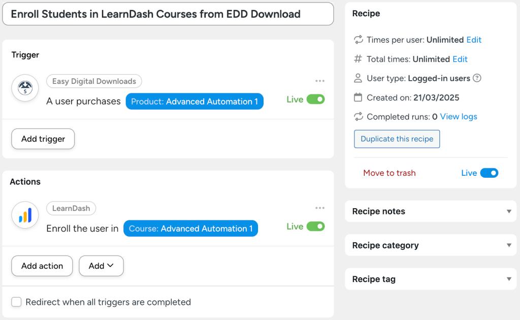 An Uncanny Automator recipe to connect Easy Digital Downloads to LearnDash, enrolling users in a LearnDash course when they purchase an EDD product.