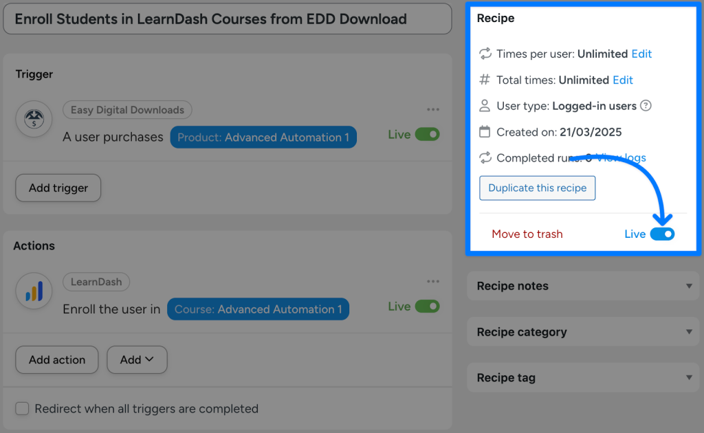 An Uncanny Automator recipe to connect Easy Digital Downloads to LearnDash, enrolling users in a LearnDash course when they purchase an EDD product. The toggle to activate the recipe is highlighted.