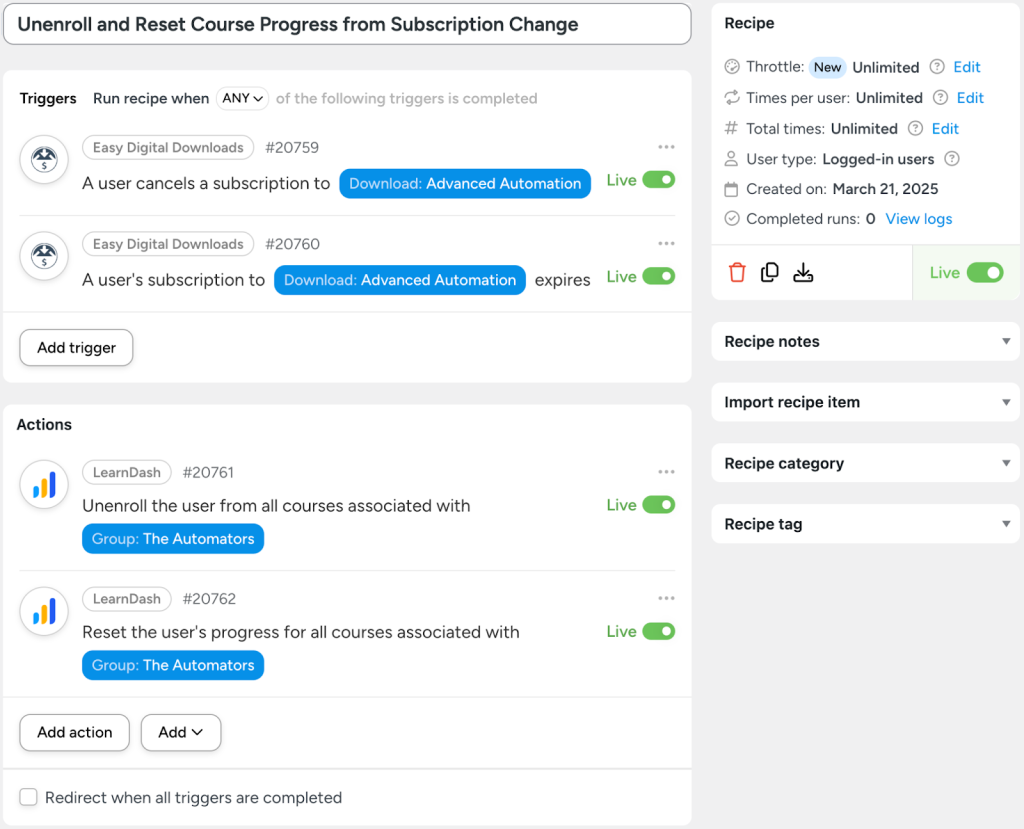 Automator recipe that connects Easy Digital Downloads to LearnDash by unenrolling users and resetting their course progress when their EDD subscription is canceled or expires.