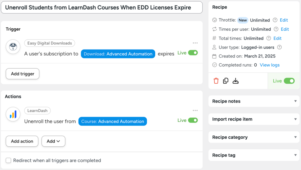 Automation recipe to connect Easy Digital Downloads to LearnDash. When an EDD subscription expires, the user is automatically unenrolled from a LearnDash course.