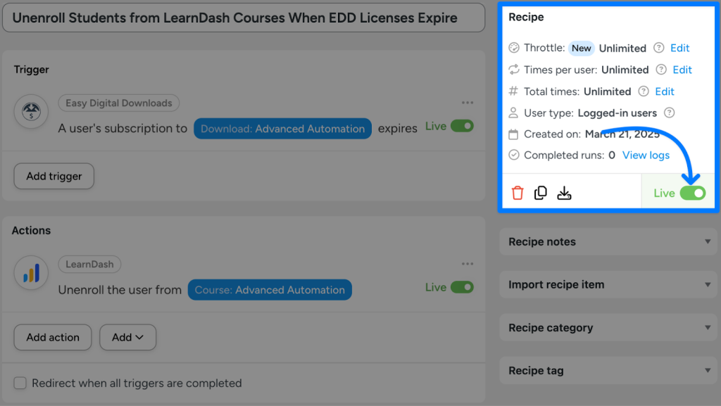Automation recipe to connect Easy Digital Downloads to LearnDash. When an EDD subscription expires, the user is automatically unenrolled from a LearnDash course. The toggle to activate the recipe is highlighted.