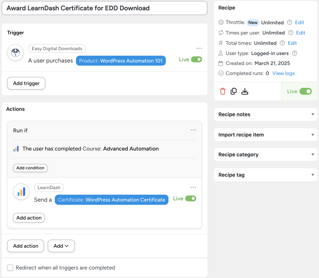 Automator recipe showing how to connect Easy Digital Downloads to LearnDash, awarding a LearnDash certificate when a user purchases a product via EDD if they have completed the corresponding course.