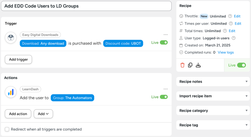 Automator recipe demonstrating how to connect Easy Digital Downloads to LearnDash by adding users to a LearnDash group when they purchase an EDD download with a discount code.