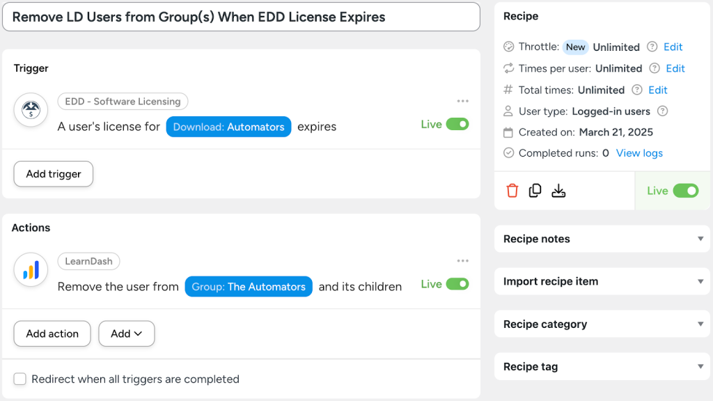 Automator recipe showing how to connect Easy Digital Downloads to LearnDash by automatically removing users from a LearnDash group when their EDD software license expires.