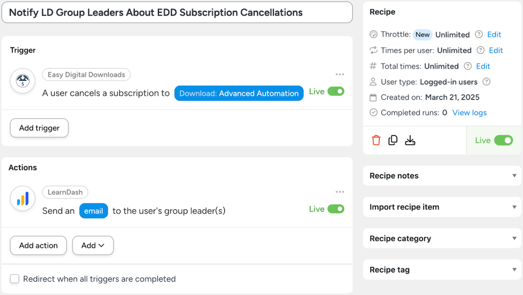 Automator recipe demonstrating how to connect Easy Digital Downloads to LearnDash by notifying LearnDash group leaders via email when a user cancels an EDD subscription.
