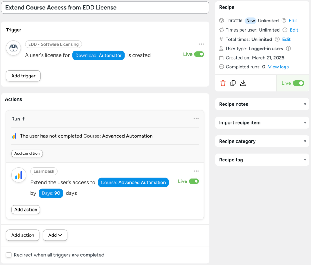 Automator recipe that connects Easy Digital Downloads to LearnDash by extending a LearnDash course's access for 90 days when a new EDD license is created, provided the user hasn't completed the course.