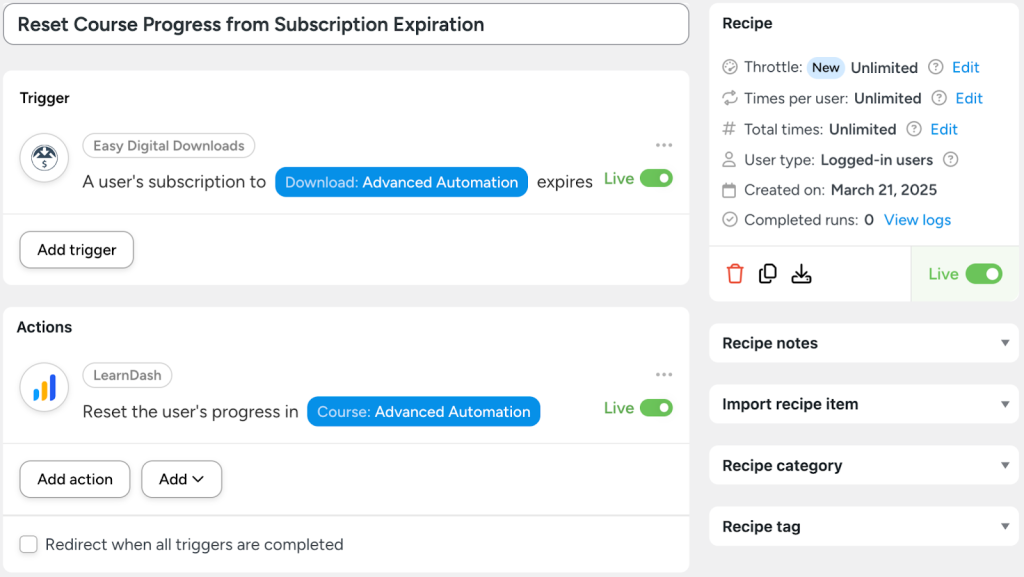 Automator recipe that connects Easy Digital Downloads to LearnDash by resetting a LearnDash course's progress when a user's EDD subscription expires.