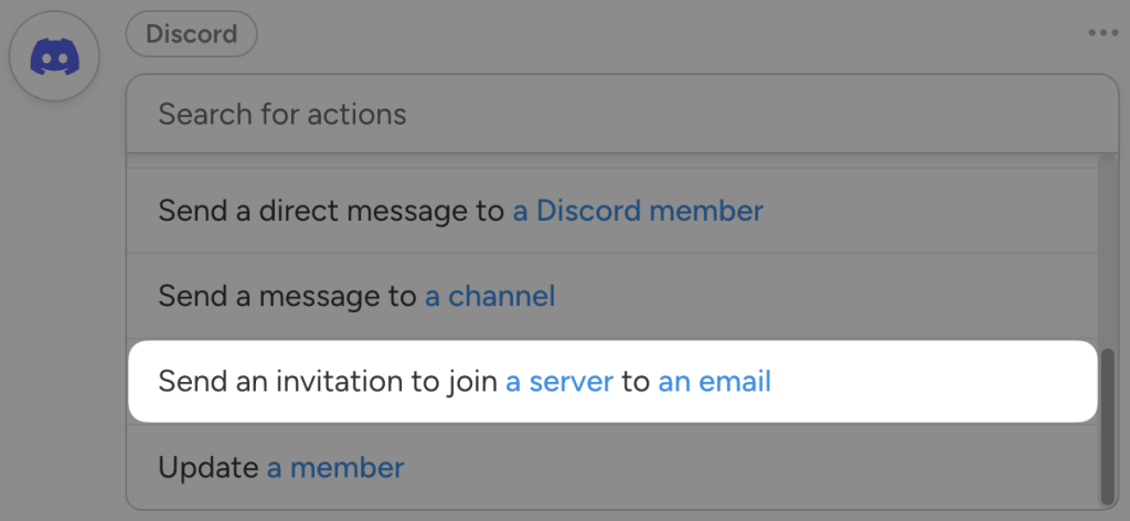 Discord action selection screen showing the highlighted option to send an invitation to join a server via email, part of an automation workflow.