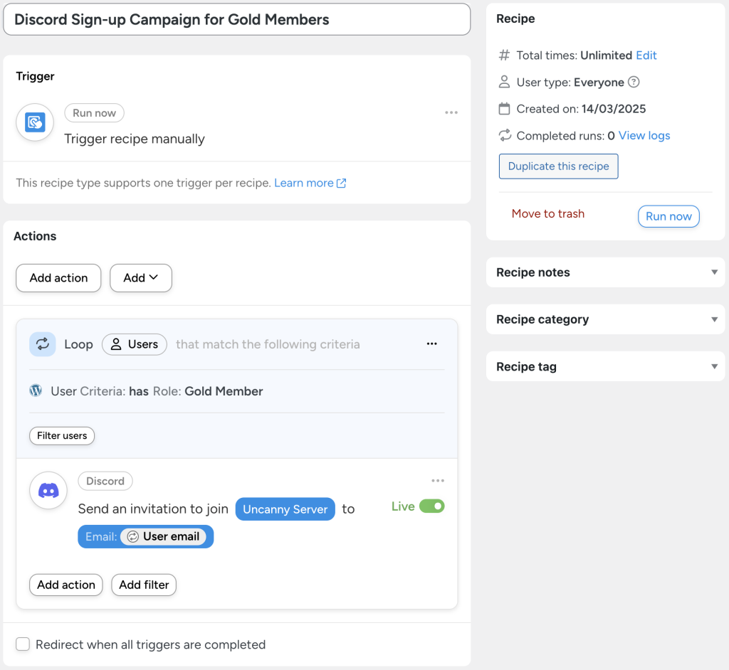 An Uncanny Automator recipe to connect Discord to WordPress, automatically sending Discord server invitations to WordPress users with the "Gold Member" role.