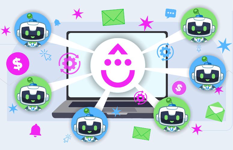 An illustration of a Drip automation system with multiple Uncanny Automator bots connecting to Drip, symbolizing seamless email marketing workflows, optimization, and revenue growth.