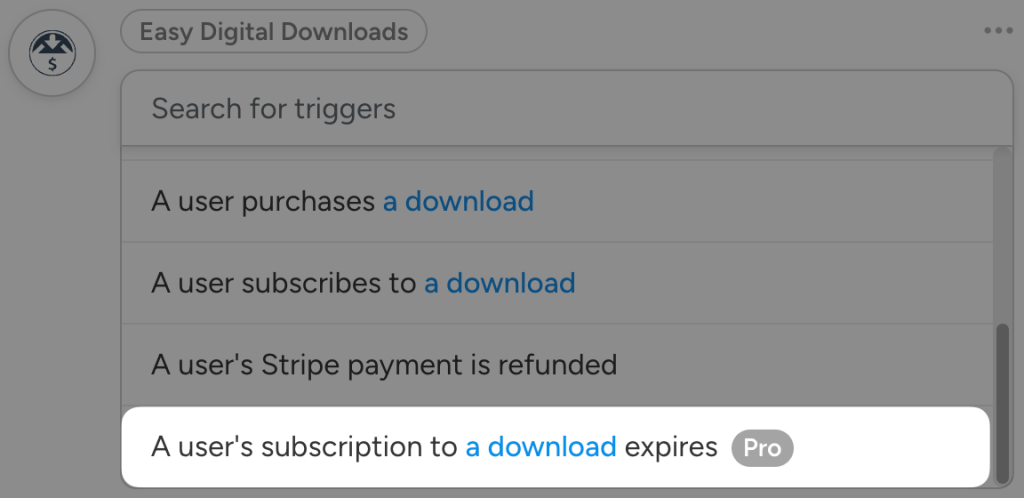 Easy Digital Downloads trigger selection in Uncanny Automator: "A user's subscription to a download expires" (Pro feature).