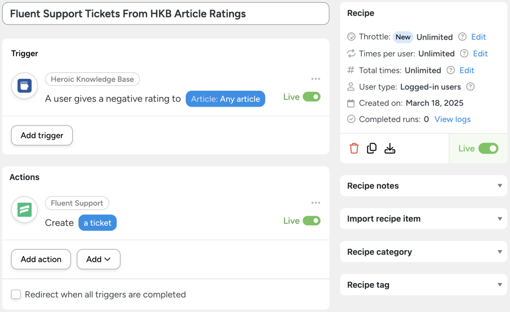 An Automator recipe showcasing a Heroic Knowledge Base automation that creates a Fluent Support ticket when a user gives a negative rating to any knowledge base article, streamlining customer support.