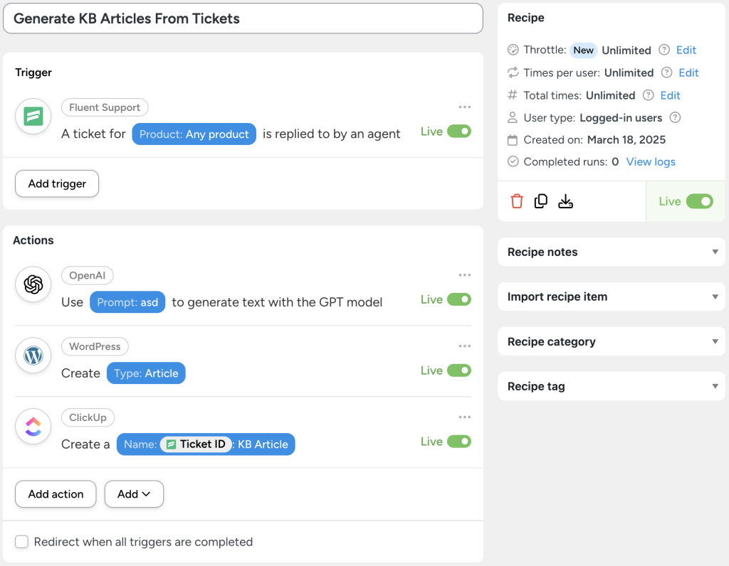 An Automator recipe showcasing a Heroic Knowledge Base automation that generates KB articles from Fluent Support tickets. When an agent replies to a ticket, OpenAI generates content, WordPress creates an article, and a ClickUp task.