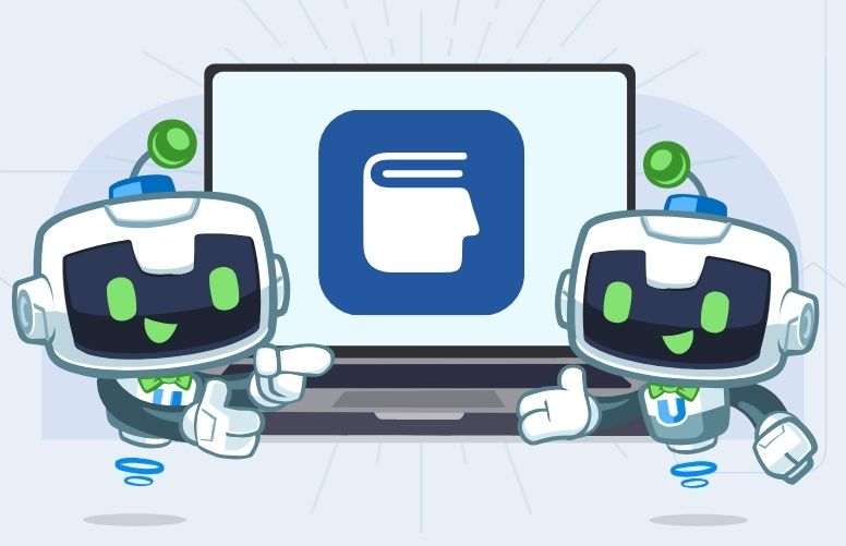 Two Uncanny Automator mascots stand beside a laptop displaying the Heroic Knowledge Base logo, representing seamless Heroic Knowledge Base automations for WordPress.