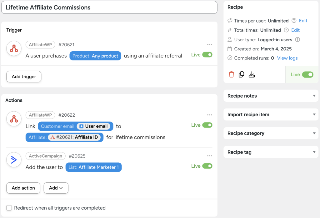 lifetime-affiliate-commissions-automator-recipe Uncanny Automator recipe to connect ActiveCampaign to AffiliateWP by linking customer emails to affiliates for lifetime commissions and email marketing segmentation.