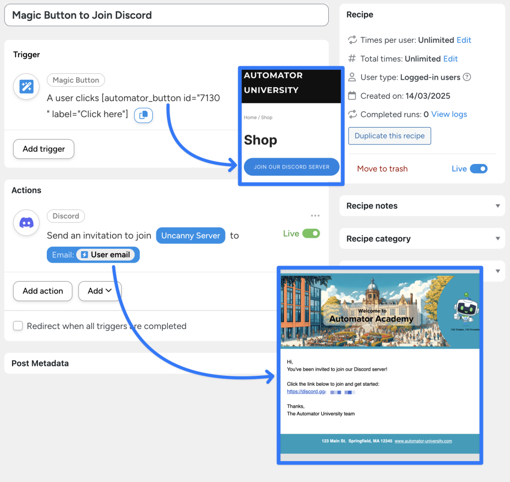 An Uncanny Automator recipe that uses a Magic Button to connect Discord to WordPress. When a user clicks the button labeled "Join Our Discord Server," they receive an email invitation.