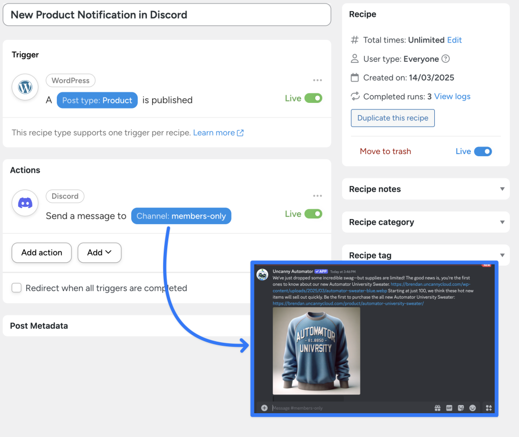 An Uncanny Automator recipe to connect Discord to WordPress, automatically sending a message to a Discord channel when a new product is published. The automation is live and posts product announcements with images and links.