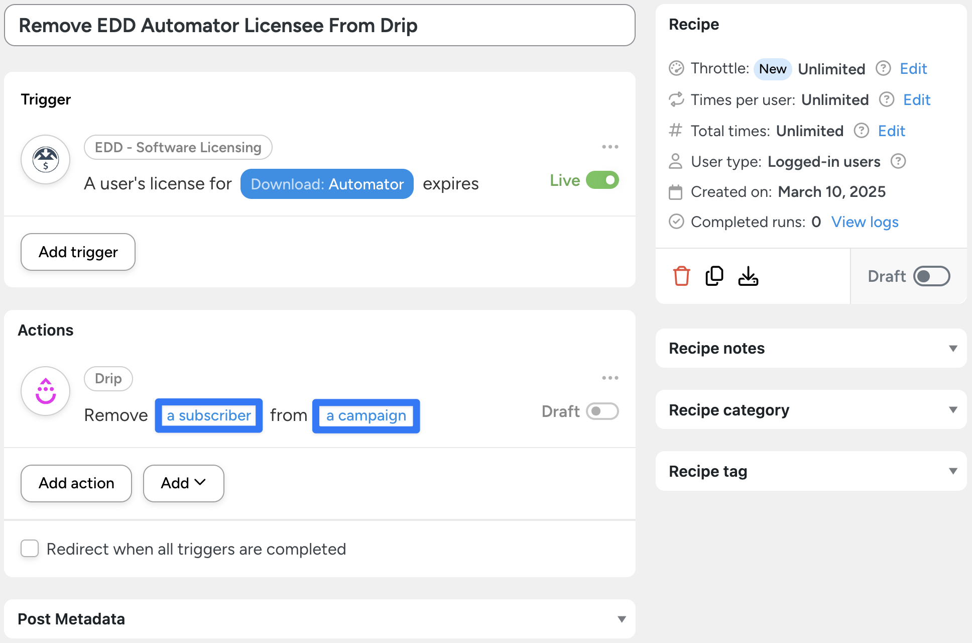 A Drip automation in Uncanny Automator that removes Easy Digital Downloads (EDD) software licensees from a Drip campaign when their license expires, keeping email lists updated.