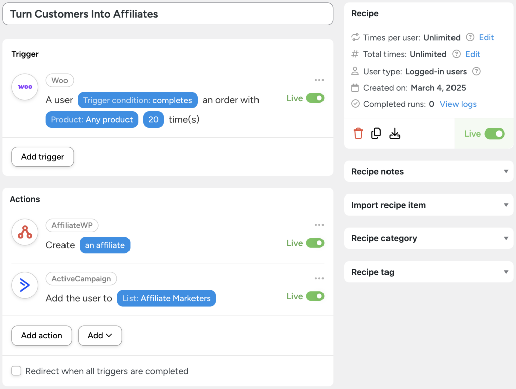 turn-woo-customers-into-affiliates-automator-recipe Uncanny Automator recipe to connect ActiveCampaign to AffiliateWP by converting loyal Woo customers into affiliates.