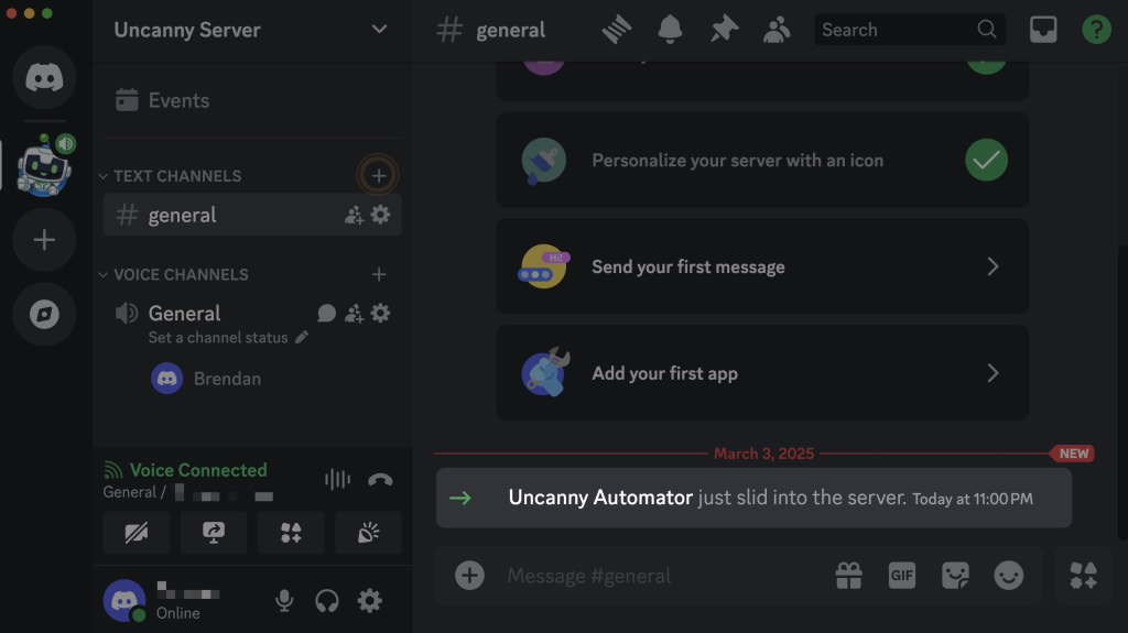 Uncanny Automator bot joins a Discord server, displaying a welcome message in the #general channel.