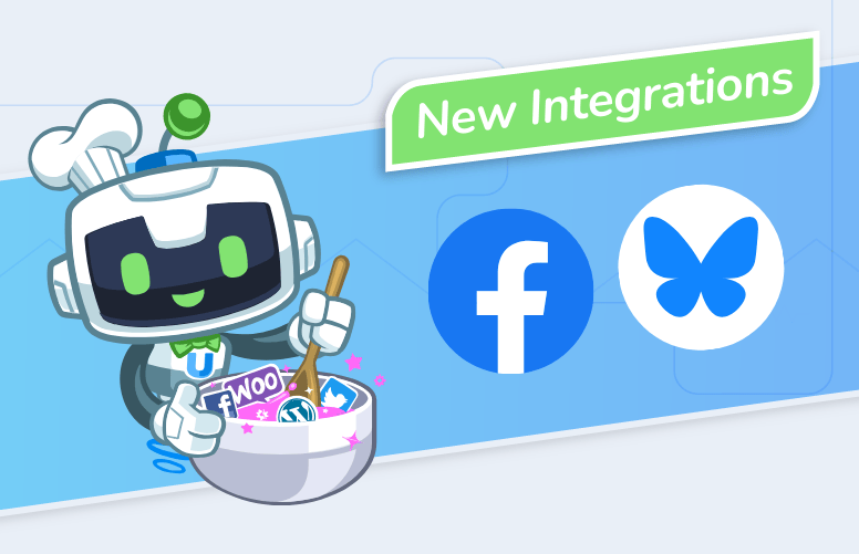 Uncanny Automator mascot stirs a bowl with Facebook and Bluesky logos, under a banner that reads "New Integrations" for the 6.4 release.