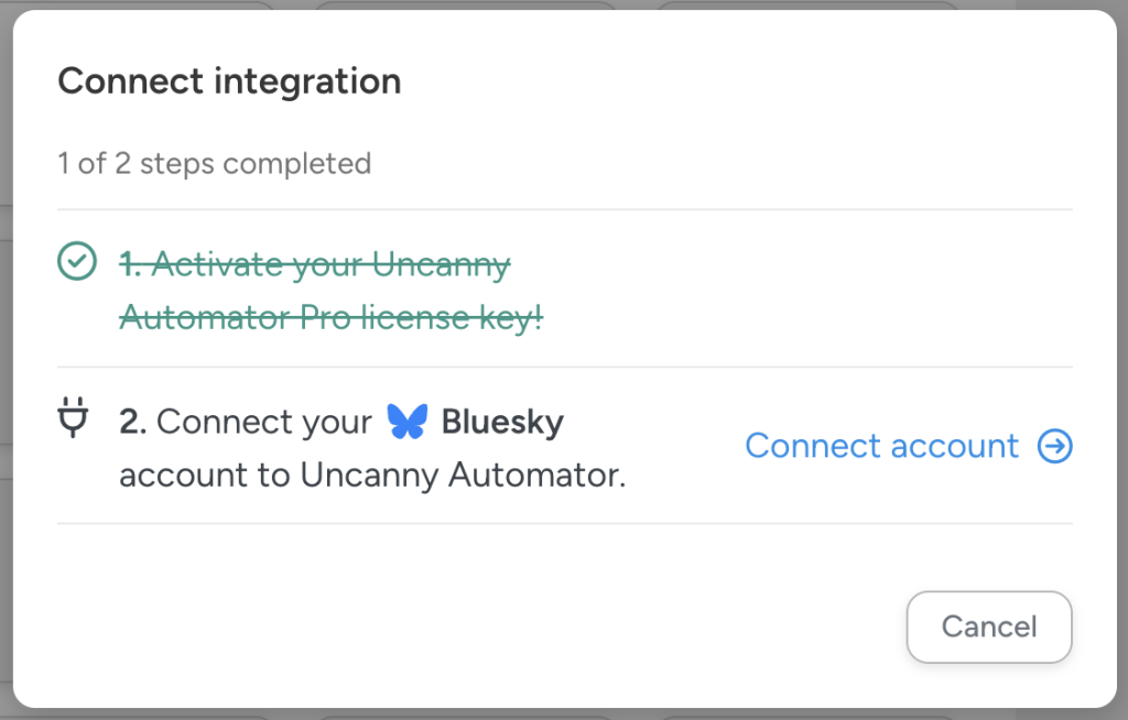 Connection setup modal in Uncanny Automator showing step 1 completed and prompting the user to connect their Bluesky account. Step 2 instructs users to connect Bluesky to Uncanny Automator to complete the integration process.