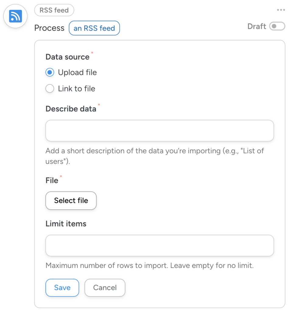 Form interface for uploading and processing an RSS feed file, with required fields for data description and file selection, plus an optional item limit input.