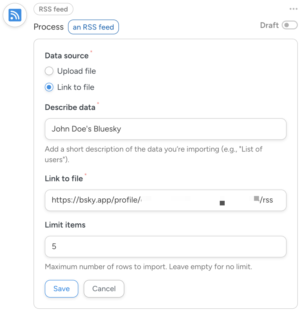 Completed form for processing an RSS feed, set to import 5 items from a Bluesky profile link titled “John Doe's Bluesky.”