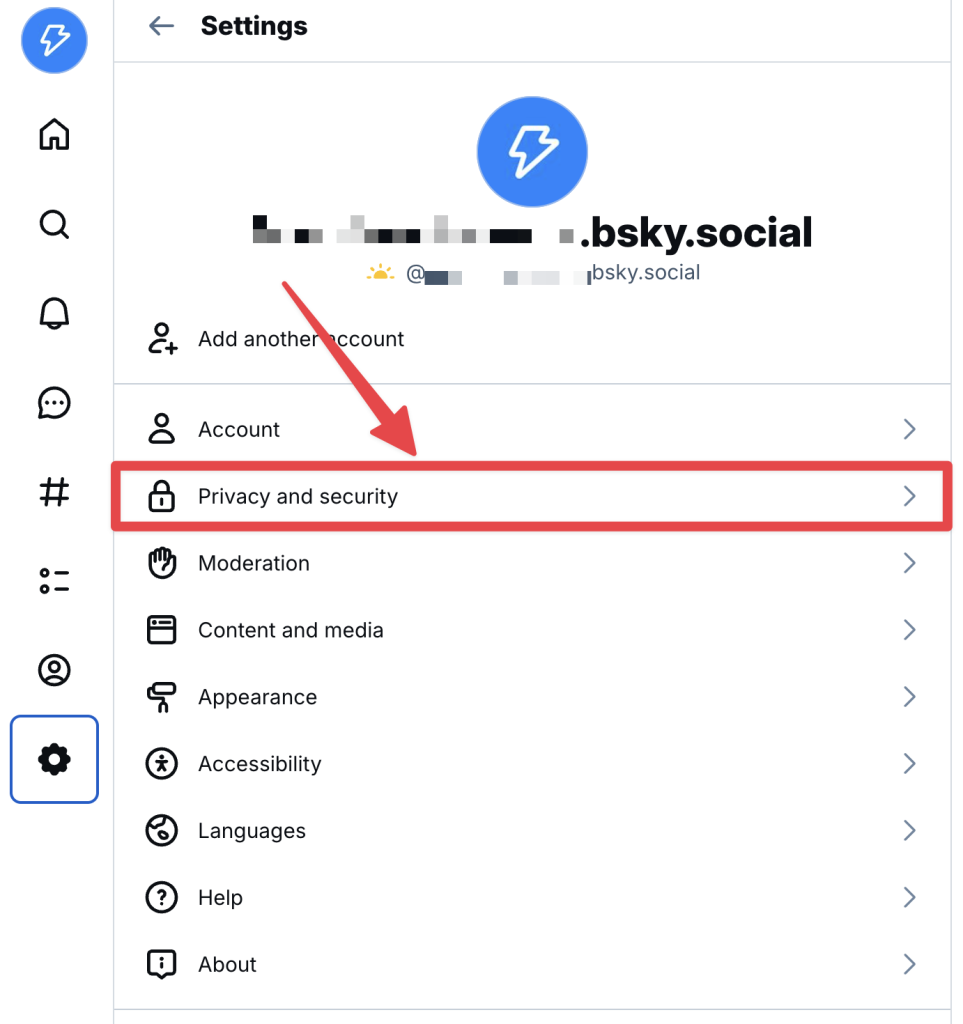 Bluesky account settings screen highlighting the “Privacy and security” option, which users must select to access App Password settings when connecting Bluesky to Uncanny Automator.