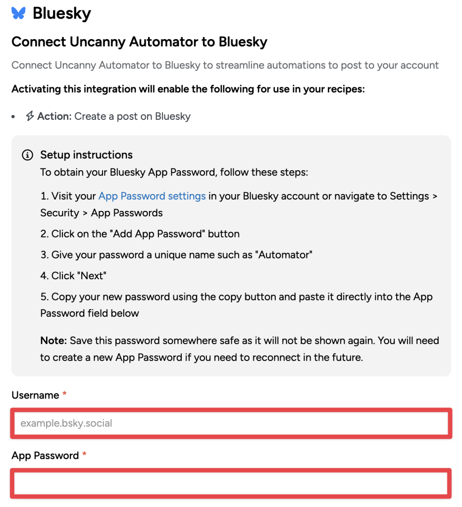 Bluesky integration setup screen in Uncanny Automator, displaying step-by-step instructions to obtain a Bluesky App Password and form fields to enter the username and app password to complete the connection.