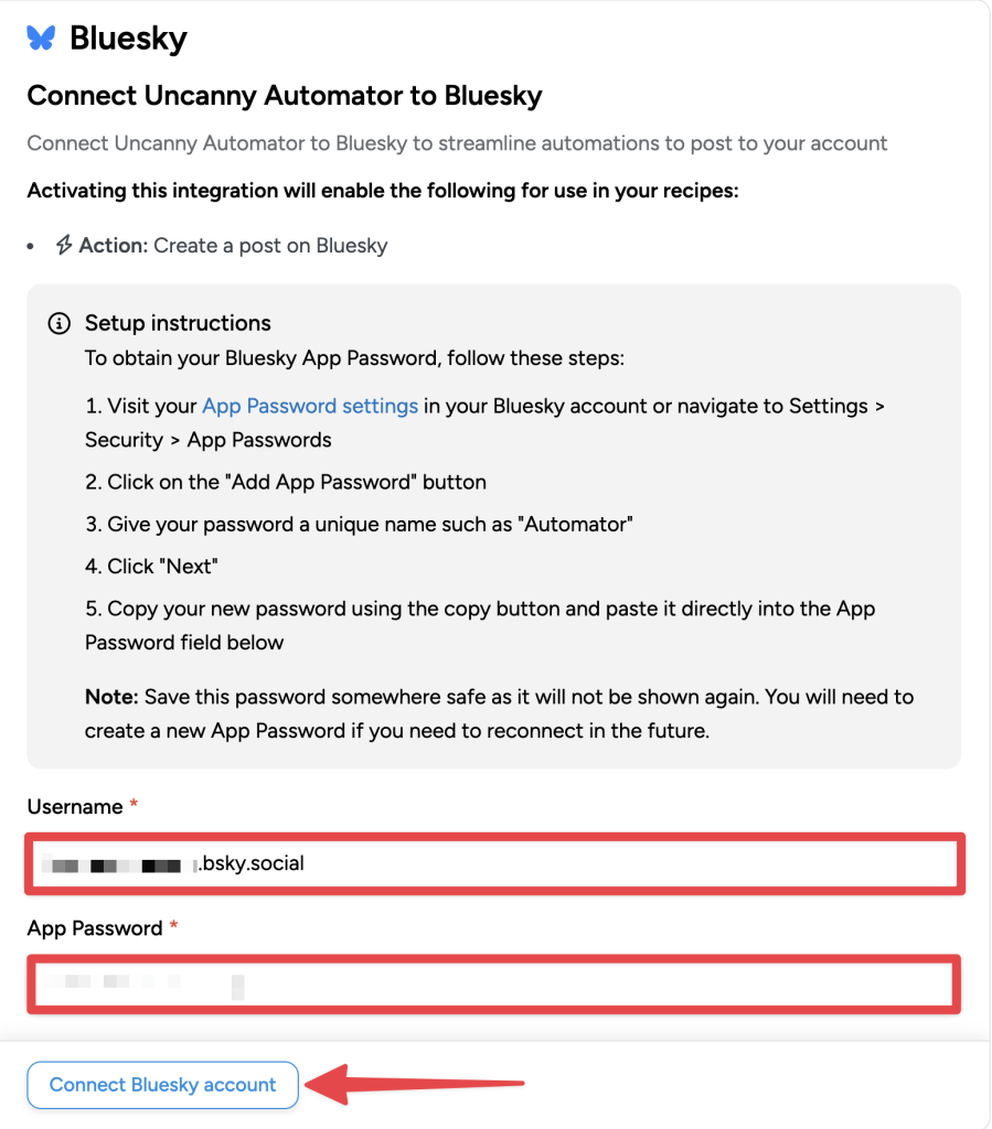 Bluesky integration setup screen in Uncanny Automator, showing username and app password fields filled in, with a red arrow pointing to the "Connect Bluesky account" button.