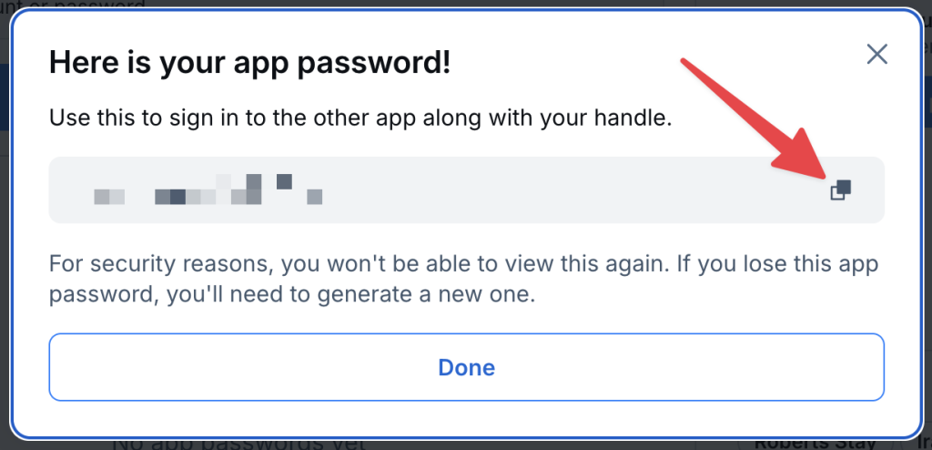 Bluesky confirmation screen displaying a newly generated app password with a red arrow pointing to the copy icon, used for connecting third-party services like Uncanny Automator.