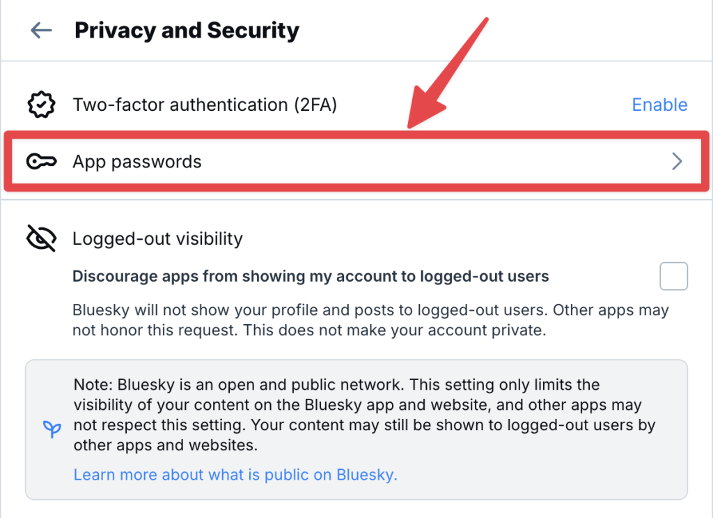 Bluesky “Privacy and Security” settings page with a red arrow highlighting the “App passwords” option, which is required to connect Bluesky to Uncanny Automator.