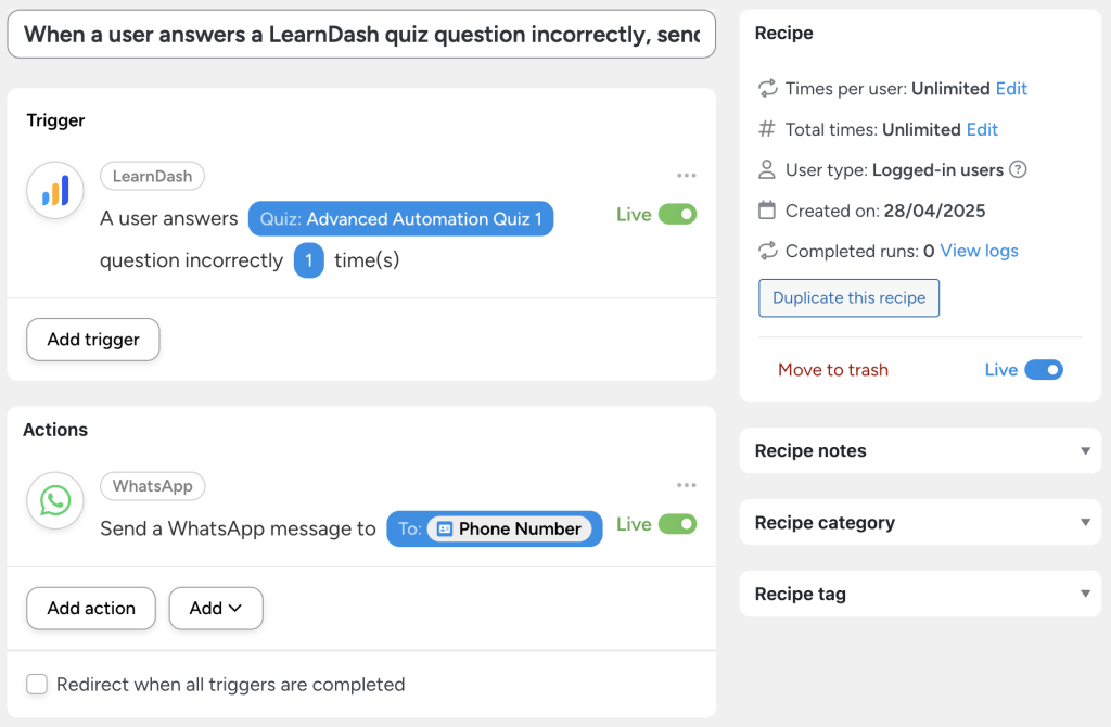 connect-learndash-to-whatsapp-recipe-3 Automation recipe: when a user answers a LearnDash quiz question incorrectly, send a WhatsApp message to the user’s phone number.