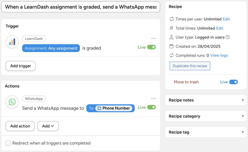 connect-learndash-to-whatsapp-recipe-4 Automator recipe: When an assignment is graded, send a WhatsApp message to a WhatsApp phone number.