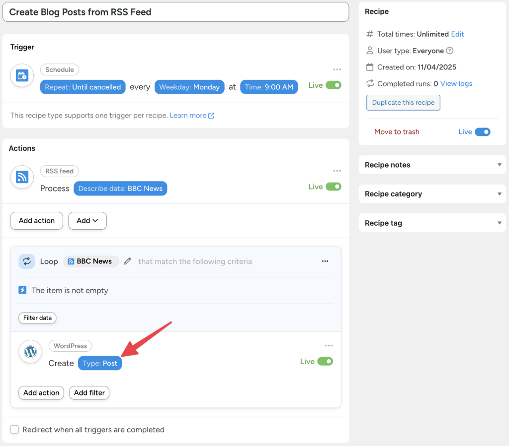 Uncanny Automator recipe setup to upload eCommerce products from an RSS feed, using a loop to filter non-empty items and create new WordPress products.