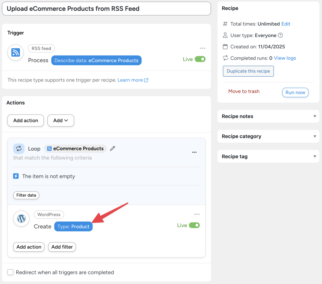 Uncanny Automator recipe set to create WordPress blog posts from an RSS feed every Monday at 9:00 AM, using a loop to filter non-empty items and generate new posts from BBC News data.