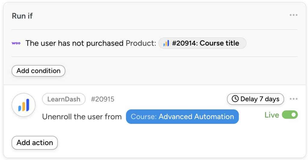 unenroll-user-from-learndash-course-with-woo-filter Uncanny Automator action that unenrolls users from a LearnDash course 7 days after submitting Elementor forms—unless they’ve purchased the related WooCommerce product.