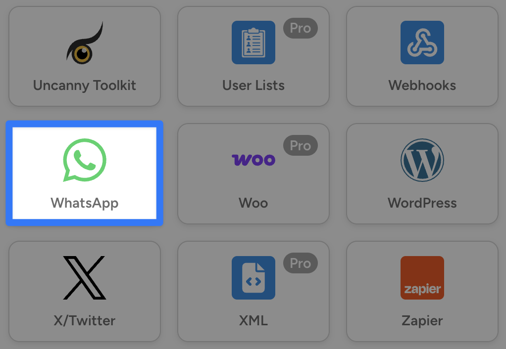 whatsapp-integration Automator integration selection panel highlighting the WhatsApp option among other integrations like WordPress, Woo, and Webhooks.