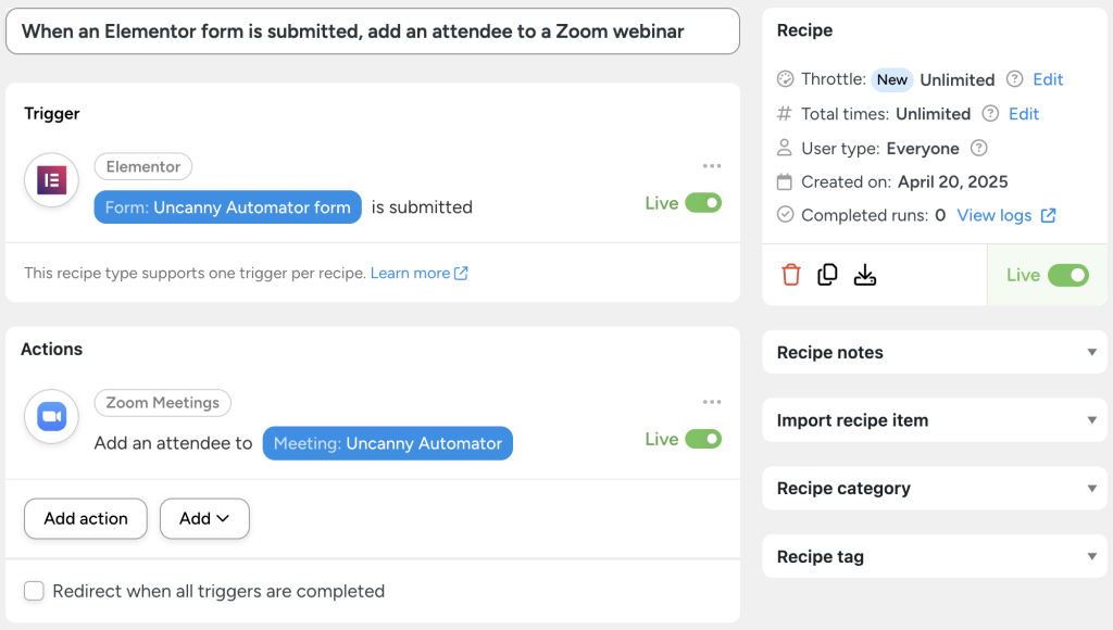 when-elementor-form-submitted-add-attendee-to-zoom-webinar Automator recipe that uses Elementor forms to automatically add attendees to a Zoom webinar.