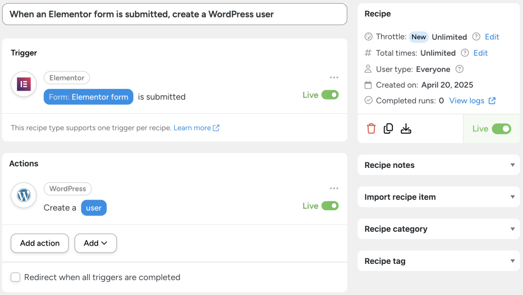 when-elementor-form-submitted-create-wordpress-user Automator recipe that uses Elementor forms to create a new WordPress user when a form is submitted.