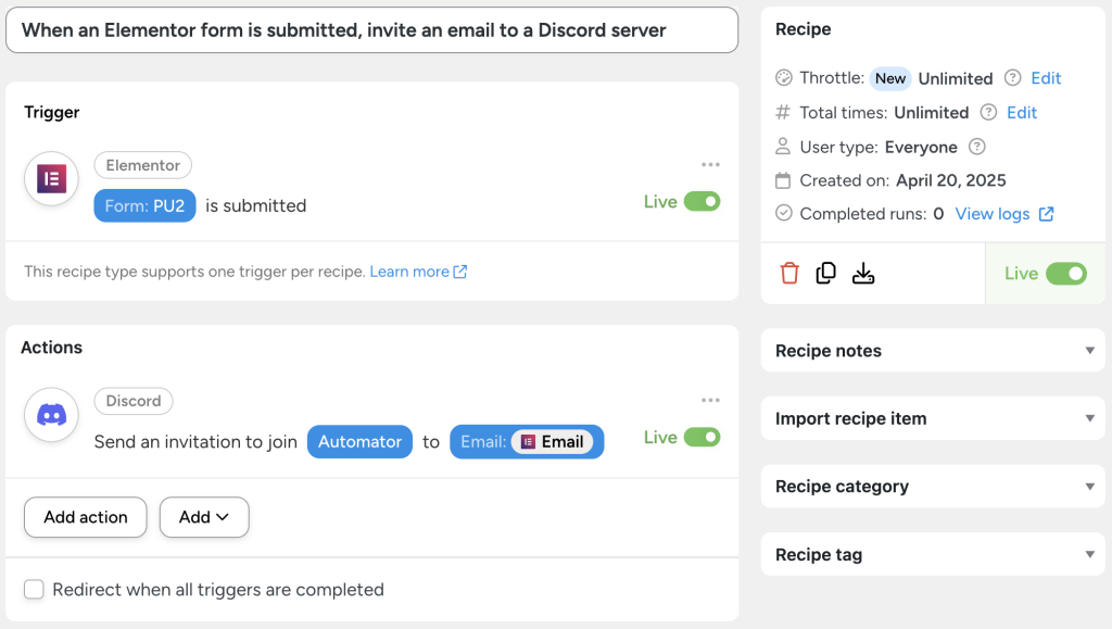 when-elementor-form-submitted-invite-email-to-discord-server Automator recipe showing how to use Elementor forms to automatically invite users to a Discord server based on submitted email addresses.