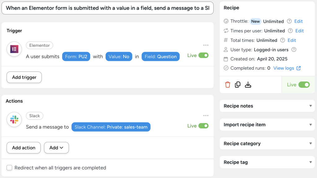 when-elementor-form-submitted-with-value-send-message-to-slack-channel Uncanny Automator recipe that uses Elementor forms to send Slack messages based on specific field values.